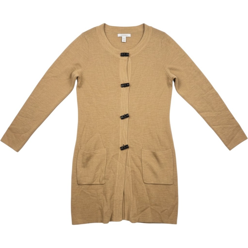 Ellen Tracy Camel Tan Merino Wool Blend Toggle Front Longline Cardigan Large